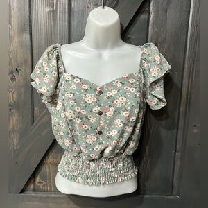 Monteau Los Angeles Sage Green Floral Button-Front Smocked Waist Top Medium